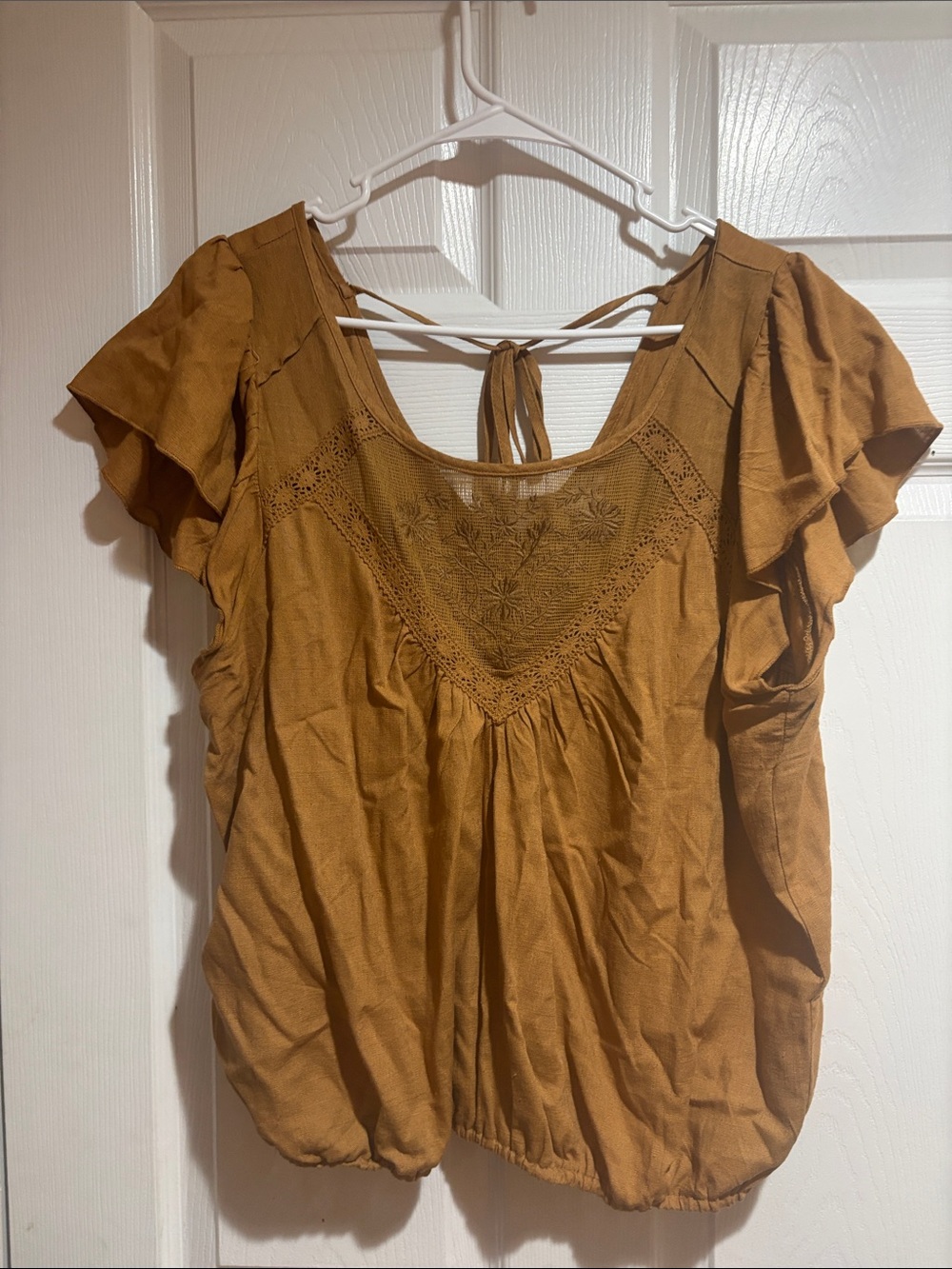 Women's Mustard Brown Embroidered Puff-Sleeve Top